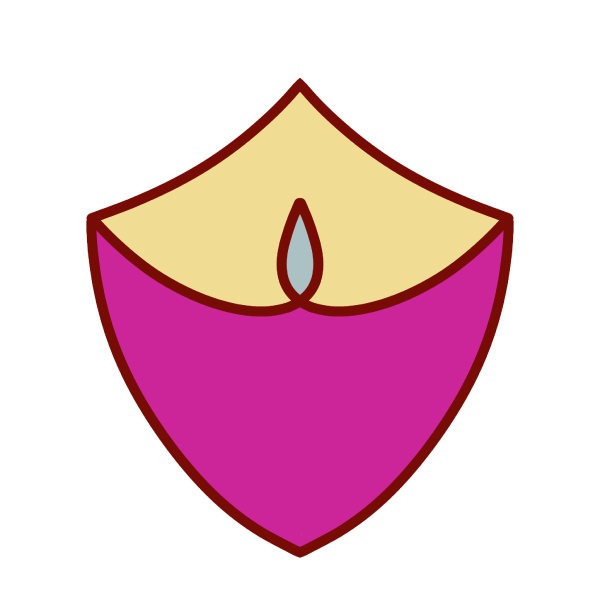  A Shield, with singular loop-de-loop from the left side point to the right side point. The bottom half of the shield is magenta and the top half is yellow. The inside of the loop-de-loop is silver. The outline is red.